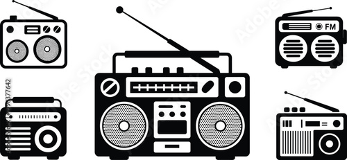 PrintBlack and white illustrations of vintage radios and boomboxes with speakers, cassette decks, antennas, and tuning dials representing retro audio technology and nostalgic media devices