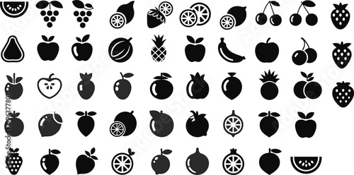 PrintMinimalist black and white fruit icons including watermelon, grapes, apples, lemons, oranges, cherries, strawberries, pineapples, bananas, pears, plums, and pomegranates arranged in grid design