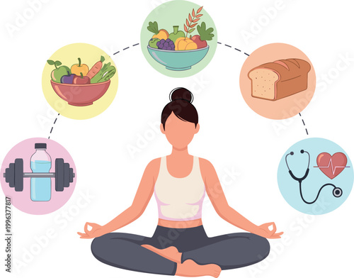 Holistic Health and Fitness Vector Set Featuring Gym Equipment Line Art and Woman Meditating with Healthy Lifestyle Icons for Wellness and Nutrition Graphic Designs