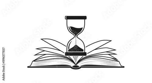 Time management with an hourglass on a book.