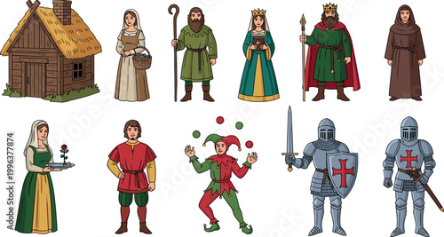 Medieval Kingdom Character Collection Featuring King Queen Knights Jester Peasant and Monk with Rustic Cottage for Fantasy Storytelling and Historical Education