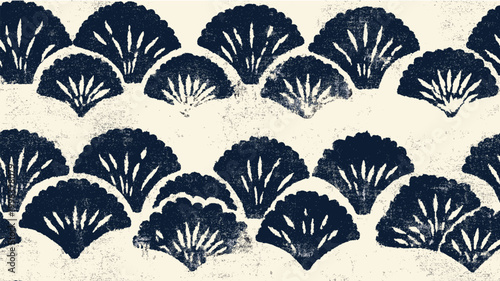 Japanese katazome style abstract block print pattern. Japanese katazome style block print pattern in navy on textured off-white background