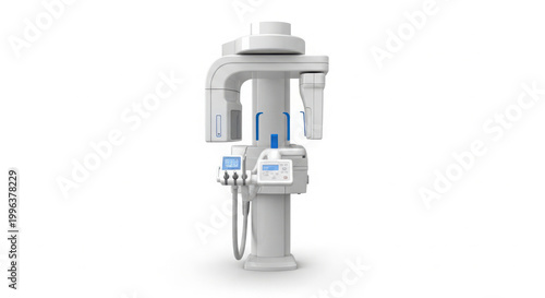 State-of-the-Art Panoramic Dental X-ray Machine with Blue Accents for Advanced Diagnostics on White Background.