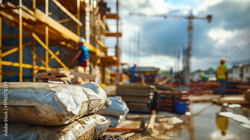 Construction site with cement bags and scaffolding in progress. Building development and engineering concept. Industrial background for infrastructure, construction, and project management.