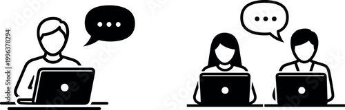 Remote Work and Online Communication Icon Set Featuring People Using Laptops with Speech Bubbles for Freelancing Business Collaboration and Digital Chat Support Design Concepts