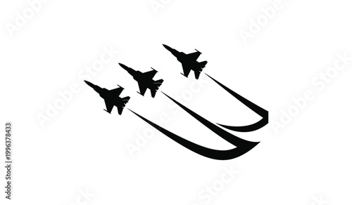 Three sleek military jets perform a dynamic aerial maneuver leaving contrails across a bright white backdrop silhouette high quality professional detailed modern elegant stylish