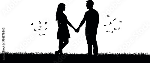 Romantic Couple Silhouette Holding Hands in Nature with Flying Birds for Emotional Greeting Cards, Wedding Invitations, Love Themed Backgrounds, and Relationship Concept Designs