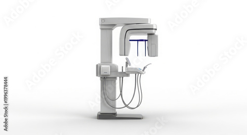 3D rendering of a contemporary dental panoramic X-ray system with integrated patient support and digital console, isolated on a white background.
