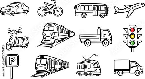 Transportation and Public Logistics Icon Set with Car Bus Train Airplane Scooter Truck and Traffic Light Symbols for Urban Navigation and Travel Designs