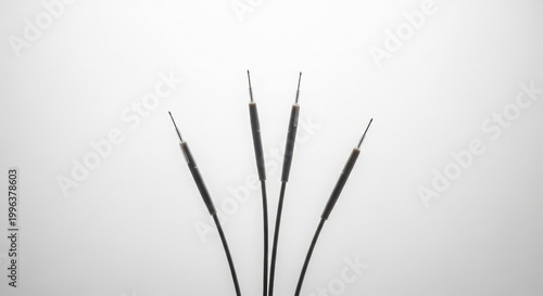 Four dark, high-tech dental probes with fine tips, elegantly arranged on a white background, suggesting precision and advanced dental care tools.