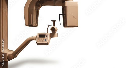 Close-up view of a modern beige dental X-ray machine for panoramic imaging, highlighting its control panel and sleek design in a studio setting.