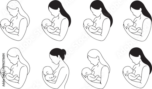 Collection of minimalist icons showing mothers breastfeeding infants for healthcare and maternity design resource project