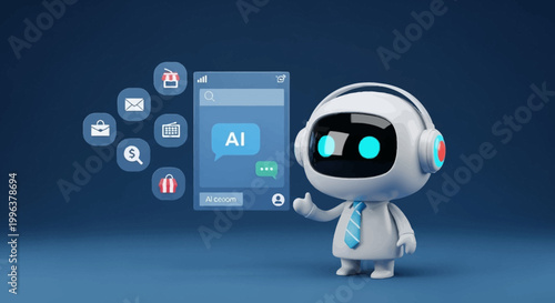 A cartoon robot with AI interface icons.