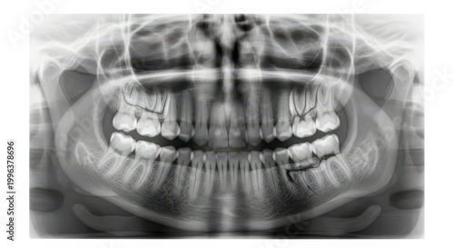 High-resolution panoramic dental X-ray showing a full set of adult teeth, roots, and jawbone, used for diagnosing oral health conditions.