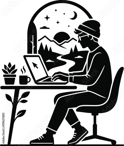 Man working on laptop at desk with coffee and plant by window at night