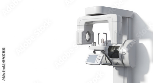 Modern dental panoramic X-ray machine with a touchscreen, casting a shadow on a clean white background, symbolizing advanced medical imaging technology.