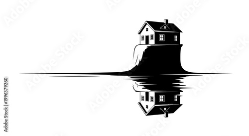 A house on a small island reflected in calm water.