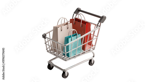 Cuadro en lienzo Metal shopping cart filled with colorful paper bags, isolated on transparent bac