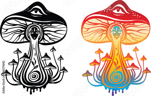 Psychedelic mushrooms with mystical eyes in vibrant neon gradients and detailed line art versions
