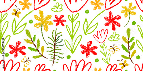 Seamless pattern simple flowers children's drawing with crayons. Hand drawn. Not AI, vector illustration.