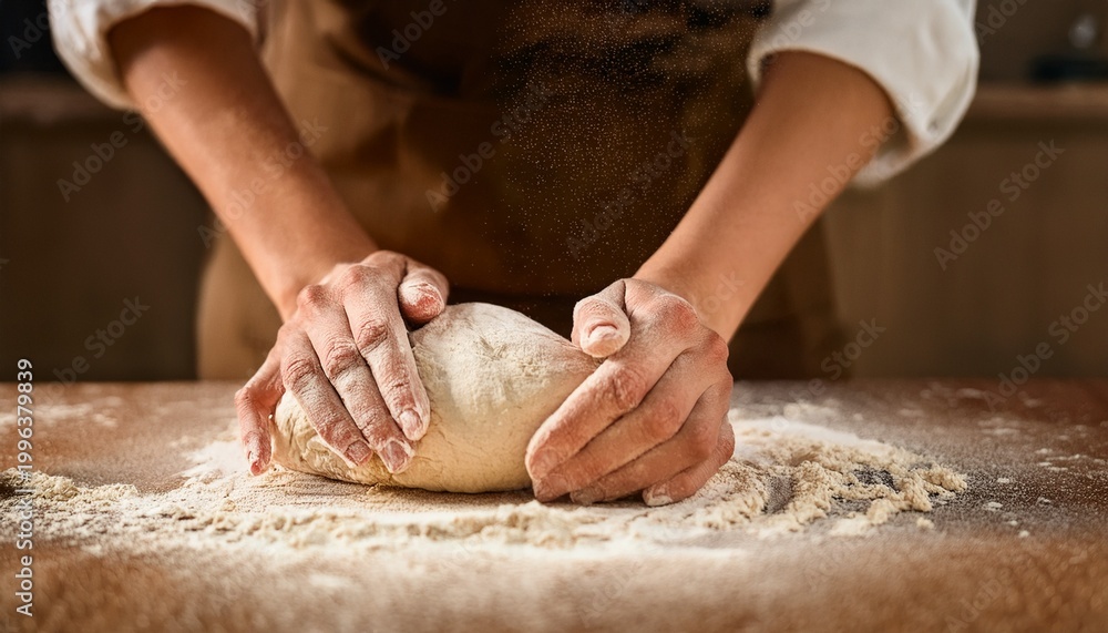 Fototapeta premium baker kneading dough with flour close up
