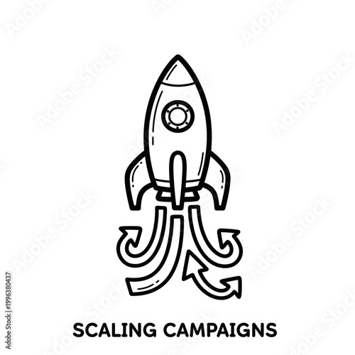 Black and white line art rocket ship with flames and arrows for scaling campaigns.