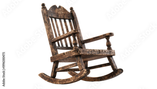 Canvas Print Rustic weathered wooden rocking chair with curved base, isolated on transparent