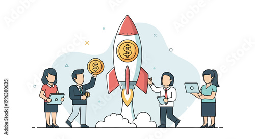 Business Team Launching a Successful Startup Rocket with Investment and Financial Growth Concept Illustration