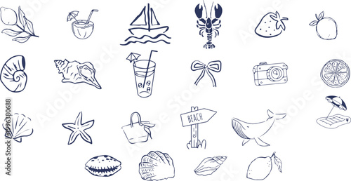 Hand-drawn beach-themed  summer vector set with summer doodles