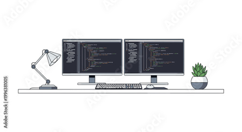 A minimalist vector illustration of a modern workspace with computers and office supplies