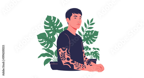 A serene man meditating in a peaceful environment with lush greenery