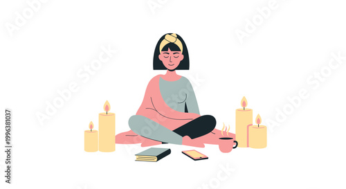 A serene woman meditates in a peaceful yoga setting with candles
