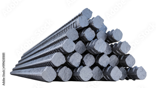 Canvas-taulu Stack of gray rebar steel rods construction material, isolated on transparent ba