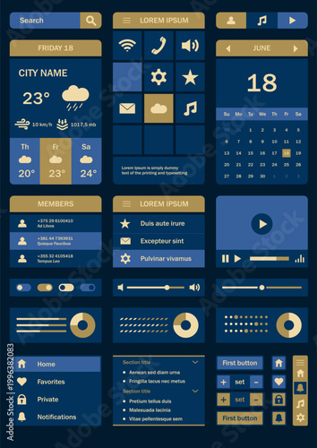 Set of mobile user interface elements rendered in gold, light yellow and deep blue colors. Interactive buttons in various states, navigation menus, adjustment sliders, weather forecast widget