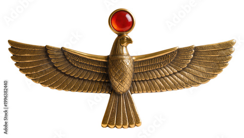 Fotografie Ornate golden Egyptian falcon deity with red sun disk, isolated on transparent b