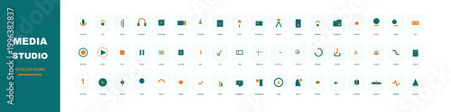 Media Studio icon collection, 54 professional vector icons for digital content creation, teal and orange flat symbols for multimedia production and editing