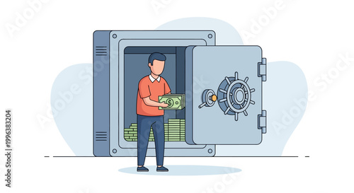 Man Putting Money into a Large Bank Safe Vault Illustration. Financial Security, Savings, and Investment Concept Vector Art.