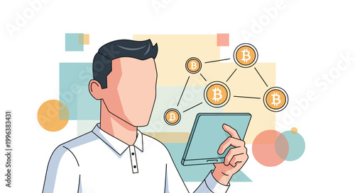 Man Using Tablet for Bitcoin Cryptocurrency Trading and Blockchain Network Illustration