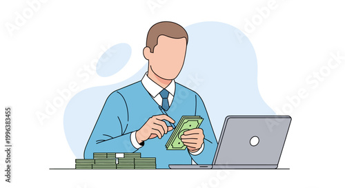Businessman Counting Cash at Desk with Laptop Illustration