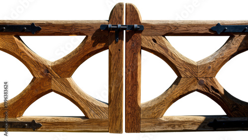 Rustic wooden double gate with ornate metal hinges, isolated on transparent background