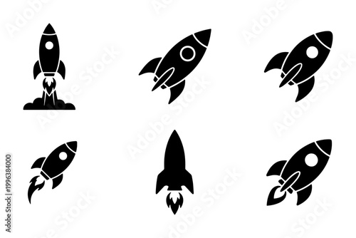 Rocket ship icon set, black silhouette space shuttle launch symbols, 6 minimalist spaceship vector elements for business startup and technology