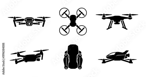 Modern drone silhouette collection, set of 6 aerial vehicle icons, black quadcopter and uav vector graphics, remote control aircraft symbols