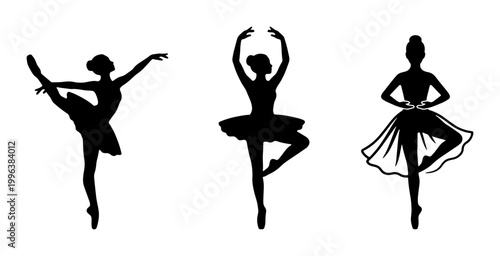 Graceful ballerina silhouettes set, 3 elegant ballet dancer vector icons, classical dance poses in black isolated on white background