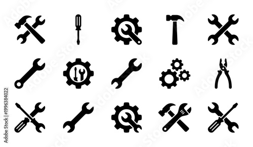 Industrial work tool icons set, black minimalist hardware symbols for construction and repair, 15 vector flat design maintenance elements