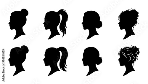 Woman hair silhouette set, female head profile icons with various hairstyles, black lady portrait collection for beauty and salon branding