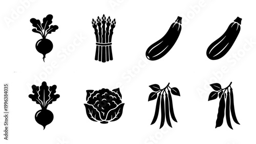 Minimalist black vegetable icon set, flat vector organic food illustrations, 8 garden produce silhouettes including beet asparagus zucchini and beans