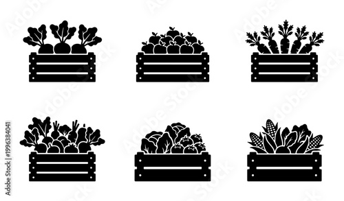 Black vegetable crate icons set, wooden boxes with fresh farm produce silhouettes, organic harvest garden icons for grocery and market branding