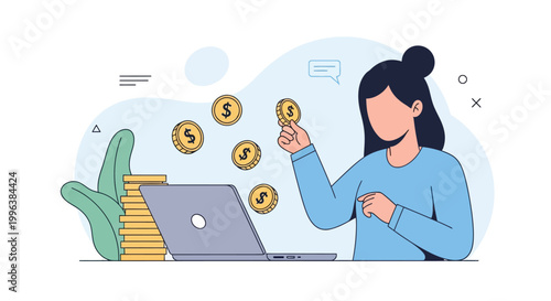 Woman Earning Money Online with Laptop Illustration - Concept for Digital Finance, Passive Income, and E-commerce