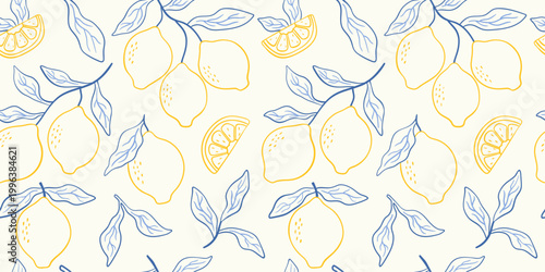 Seamless pattern with lemons and leaves. Summer citrus background design