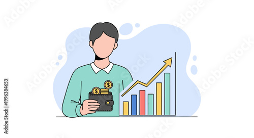 Investment and Wealth Growth Concept Illustration: Man with Wallet and Increasing Financial Bar Chart for Personal Finance, Success and Profit